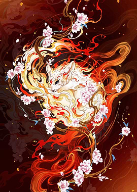 Fiery Fox with Cherry Blossoms
