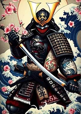 Samurai Warrior with Cherry Blossoms and Waves