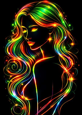 Neon Woman with Rainbow Hair