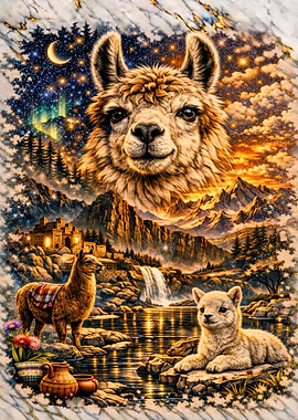 Llama Family in a Magical Landscape