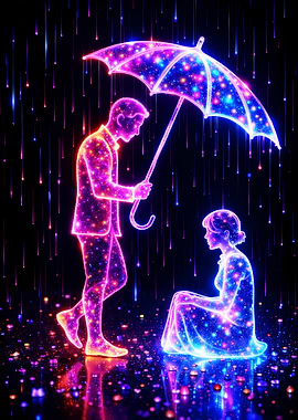 Couple Under a Neon Umbrella