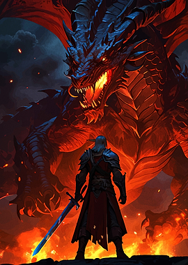 Knight facing a fiery dragon
