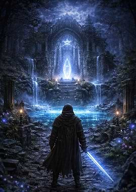 Mysterious Hooded Figure with Glowing Sword