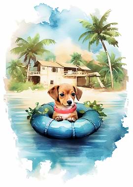 Puppy in a life preserver at the beach
