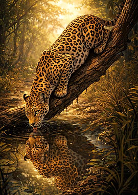 Leopard drinking water from a stream