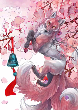 Kitsune Fox with Cherry Blossoms
