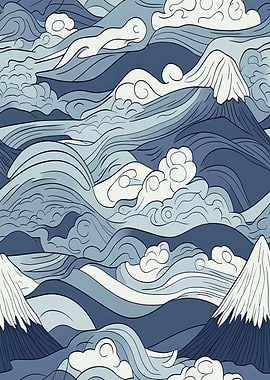 Stylized Japanese Mountain and Wave Pattern