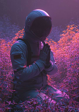 Astronaut Praying in a Purple Forest