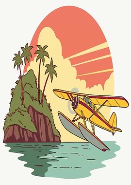 Seaplane flying over tropical island at sunset