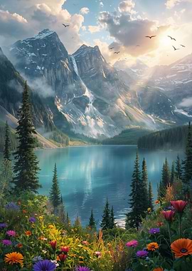 Serene Mountain Lake with Wildflowers