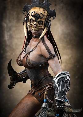 Warrior Woman with Skull Mask and Daggers