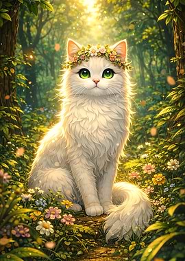 Enchanting White Cat in a Floral Forest