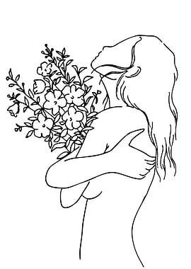 Woman Hugging Flowers Line Art
