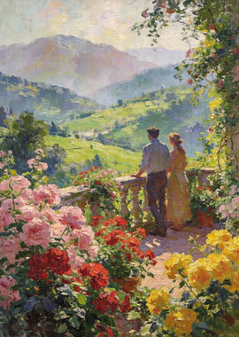 Couple admiring a scenic mountain landscape