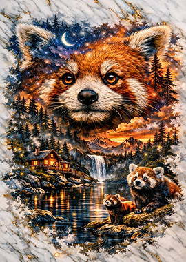 Red Panda Family in a Magical Forest