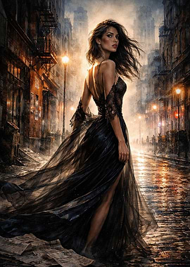 Woman in Black Dress on Rainy City Street
