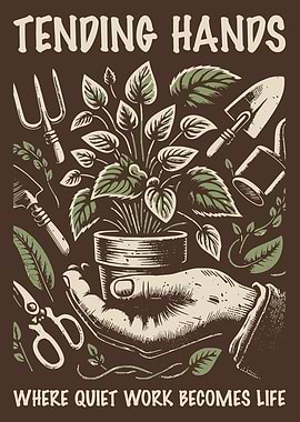 Gardening Hands Plant Vintage Engraving Botanical Poster Garden Care Wall Art