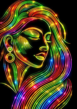 Rainbow Neon Woman Portrait