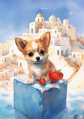 Cute Chihuahua with Hearts in Santorini