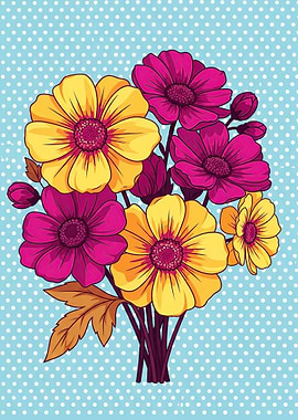 Vibrant Floral Bouquet on Polka Dot Background