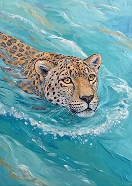 Jaguar Swimming in Turquoise Water