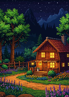 Cozy Cabin in a Starry Night Forest