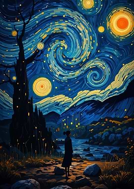 Starry Night Landscape with Lone Figure