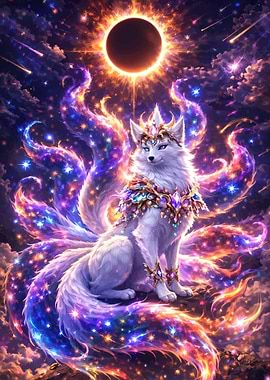 Cosmic Nine-Tailed Fox with Solar Eclipse