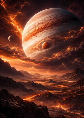 Jupiter and its moons in a fiery landscape