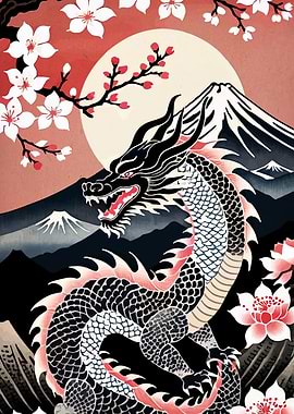 Japanese Dragon with Mount Fuji and Cherry Blossoms