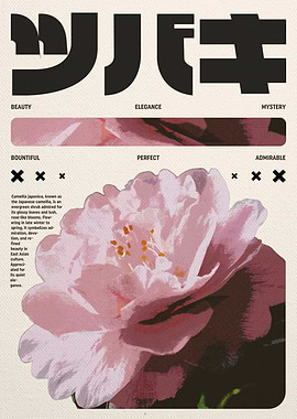 Pink Camellia Flower with Japanese Text