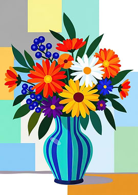 Vibrant Floral Arrangement in Striped Vase