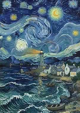 Starry Night Lighthouse Village