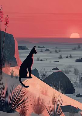 Black cat in desert sunset
