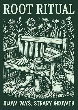 Gardening Bench Plants Vintage Engraving Botanical Poster Garden Tools Wall Art