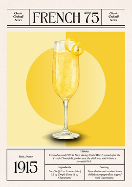 French 75 Cocktail | Classic 1915 Paris Gin Champagne Drink | Vintage Yellow Bar Art