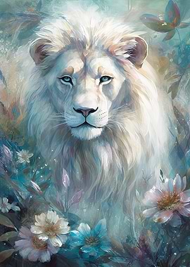 Majestic White Lion in Floral Surroundings