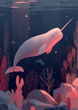 Narwhal swimming in coral reef