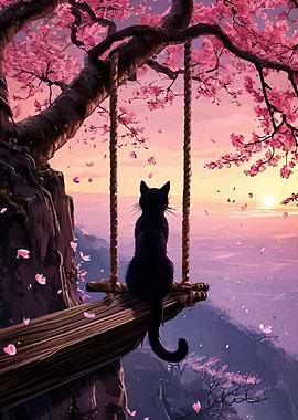 Black Cat on a Swing Under Cherry Blossoms