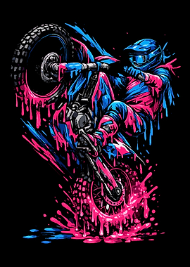 Motocross Wheelie Poster, Neon Dirt Bike Art, Extreme Sports Wall Print