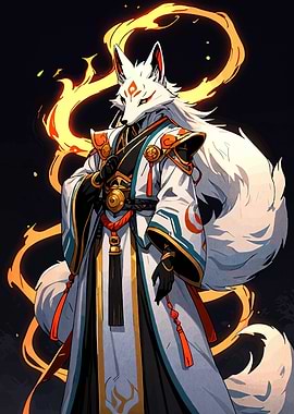 Kitsune Warrior with Fiery Aura