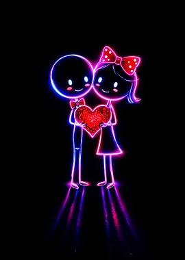 Neon Couple Holding Heart