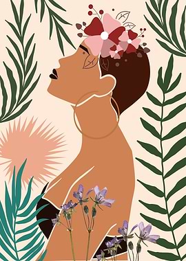 Woman with Flowers and Tropical Leaves