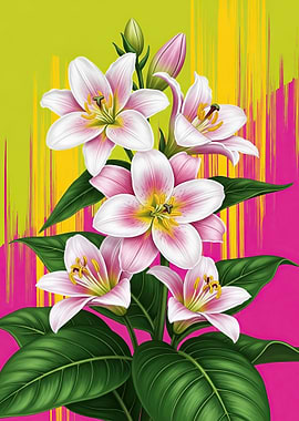 Pink and White Lilies with Green Leaves