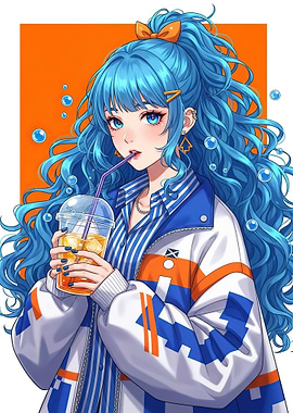 Anime Girl Drinking Iced Beverage