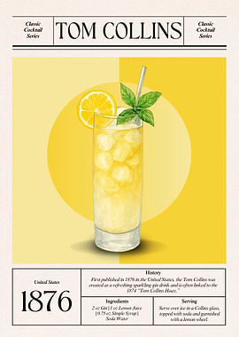 Tom Collins | Classic 1876 American Gin Cocktail | Vintage Yellow Cocktail Art