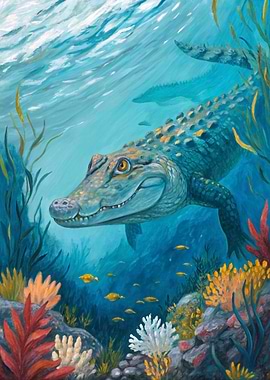 Alligator swimming underwater with coral