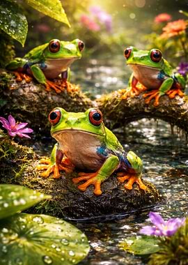 Red-eyed tree frogs in a lush forest