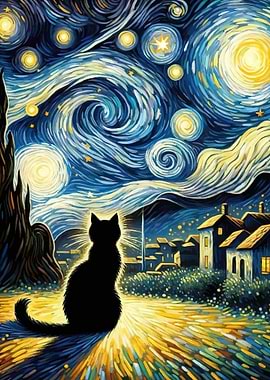 Black Cat Under Starry Night Sky