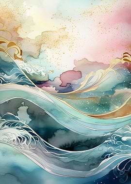 Watercolor Ocean Waves and Sky